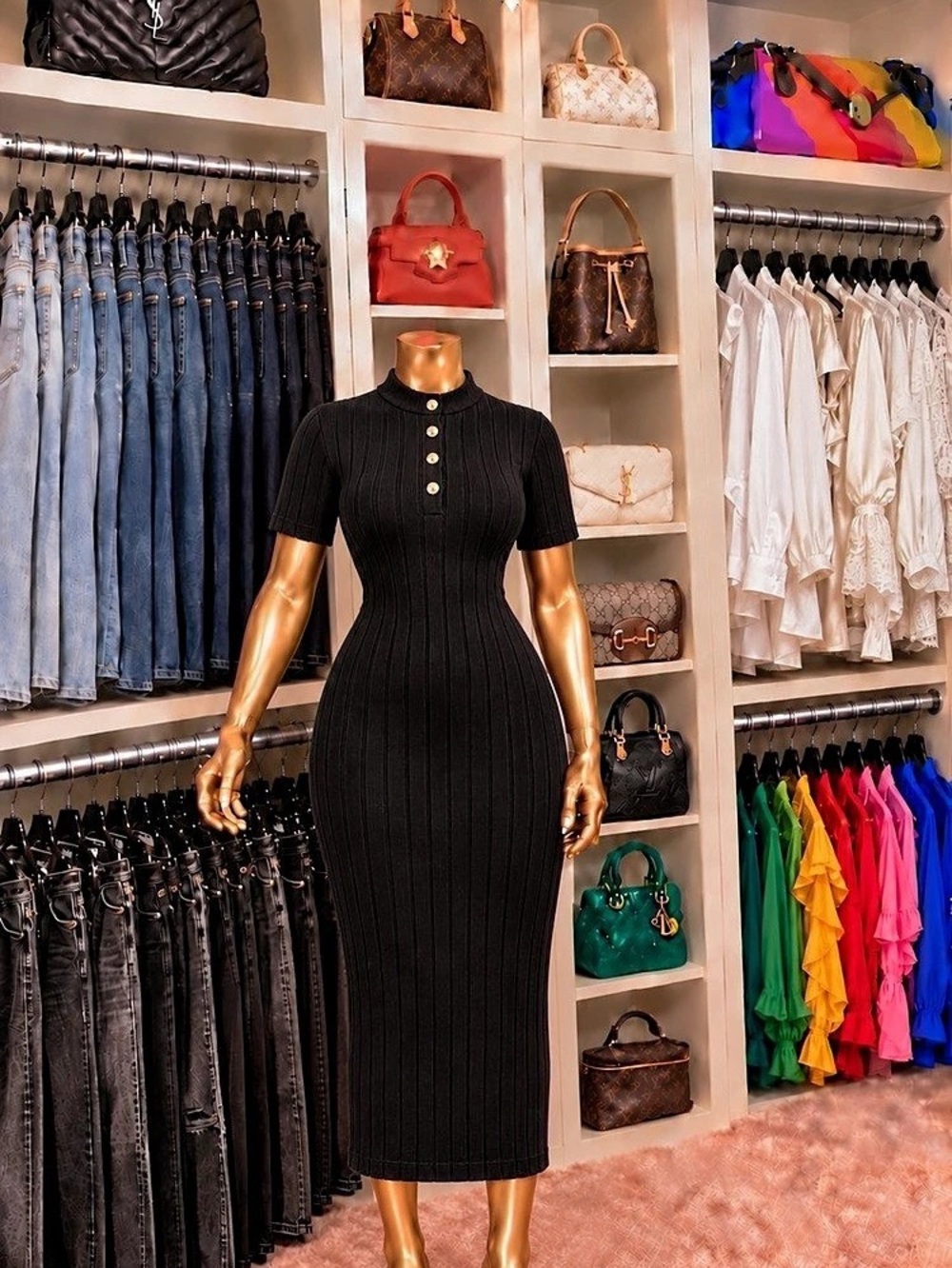 Black Ribbed Midi Dress Like New